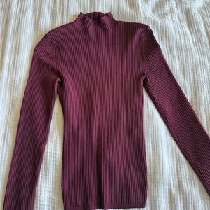 Ribbed Burgundy Sculpt Knit Tie Back Turtleneck Sweater